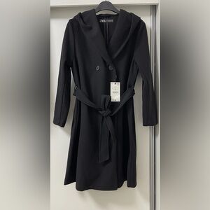 ZARA BLACK SOFT HOODED LAPEL COLLAR DOUBLE BREASTED BELTED
